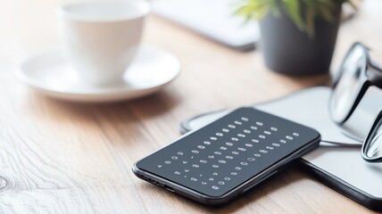 Modern smartphone with with a Braille overlay on the screen, on rustic wooden desk next to coffee cup and glasses