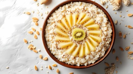 Close-up of porridge  creating a warm and inviting oatmeal-based texture