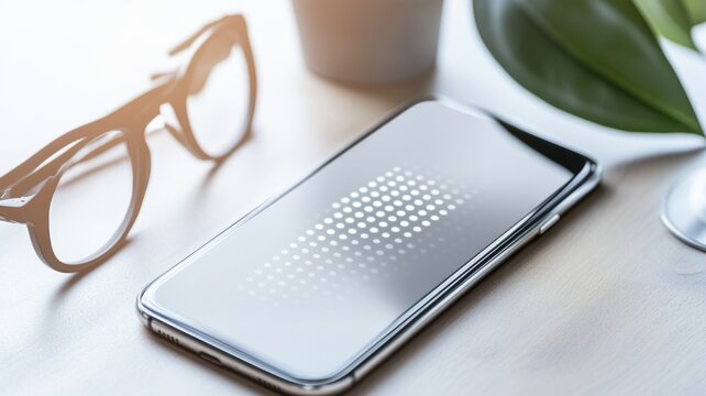 Modern smartphone with with a Braille overlay on the screen, beside glasses on a desk - Powered by Adobe