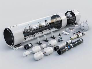 Dismantlement diagram of Hyperloop, the Hyperloop is in the middle of the picture, and Hyperloop parts are neatly placed around it, realistic, high-definition, high quality, 8k