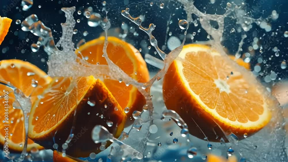 Aufkleber cut oranges smash in the air, splashing juice in slow-motion. captured with depth of field and fine 