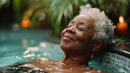 Happy elderly african woman relaxing in a pool of water on wellness spa retreat. Wellbeing & relaxation 