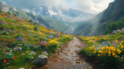 Fototapeta premium Mglisty górski krajobraz rozciąga się nad spokojną doliną, gdzie błotnista ścieżka wijąca się wśród żywych dzikich kwiatów połyskuje w wilgotnym powietrzu po deszczu.