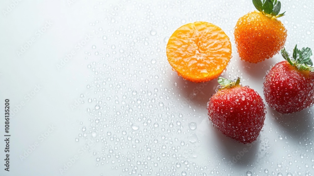 Poster juicy strawberries and a sliced mandarin showcase vibrant colors on a wet surface, illuminated by so