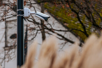 A white surveillance camera is mounted on a black pole, facing an open space with blurred tall grass in the foreground. The background features a neutral wall, creating a minimalist, urban scene.