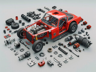Fototapeta premium Dismantlement diagram of Race Car, the Race Car is in the middle of the picture, and Race Car parts are neatly placed around it, realistic, high-definition, high quality, 8k