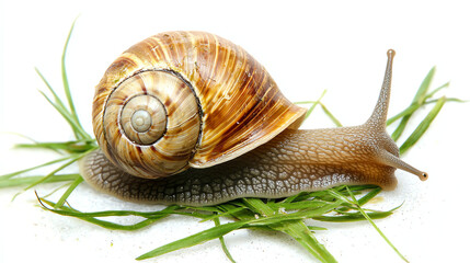 A small garden snail with a spiral shell resting on a green blade of grass in a serene garden setting during daylight
