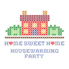 Home Sweet Home, Housewarming Party! announcement invitation, retro cross stitch needlework design with big red hearts, house in landscape graphic, isolated on white background. 