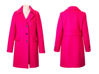 Vibrant pink womans winter coat front and back views isolated on transparent background.