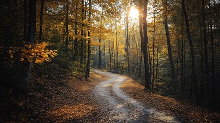 Obraz premium Autumn Forest Path, Winding Road through Golden Trees at Sunset