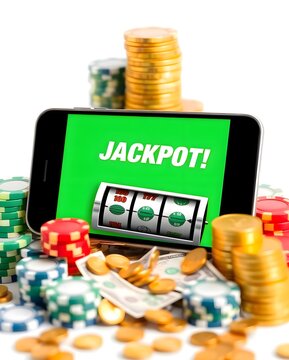 A phone or tablet with a green screen showing a virtual slot machine, Mobile Casino Jackpot: Virtual Slots and Big Wins, Generative Ai