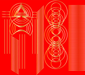 Minimalistic Art Deco inspired pattern with overlapping circles and triangles on a vibrant red background.