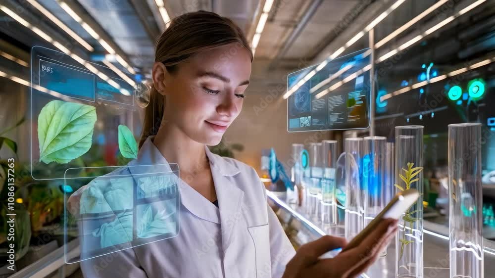 Poster a scientist examines data on a smartphone in a lab surrounded by plants and glass containers.