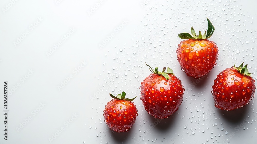 Poster a group of vibrant strawberries with water droplets resting on a smooth white surface, highlighting 