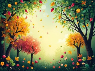 A vibrant and colorful outdoor background with a variety of natural elements such as flowers, leaves, and trees, creating a whimsical and creative atmosphere, vibrant, background