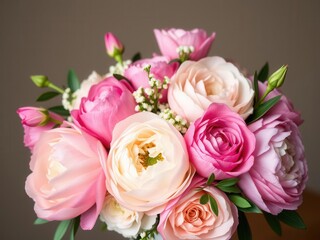 Fototapeta premium Beautiful fresh bouquet of pink peonies and roses with open space for text, celebration, arrangement