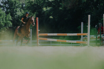 A focused equestrian rider and horse executing a jump over an obstacle in a green outdoor arena....