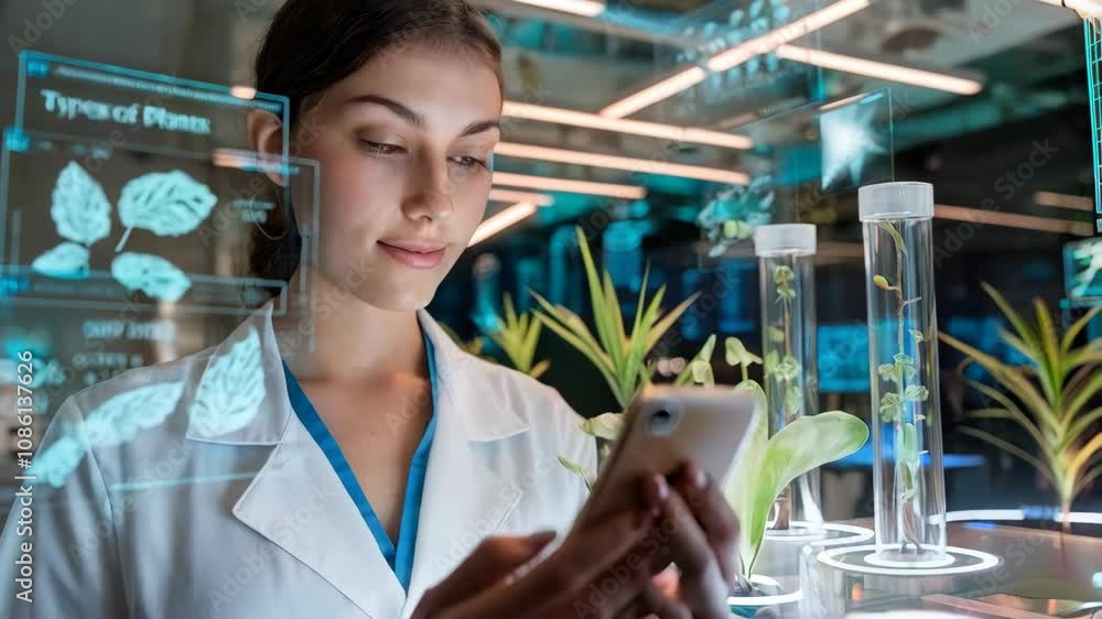 Poster a scientist interacts with a smartphone while studying plants in a lab.