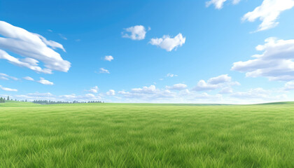 Fototapeta premium Vast green grass field stretches under sunny blue sky filled with fluffy white clouds.