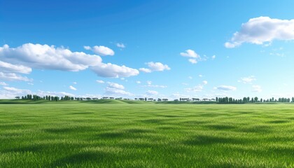 Fototapeta premium Large open field of grass with clear blue sky.