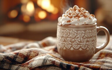Warm mug of hot chocolate with whipped cream and marshmallows beside a cozy fireplace in a winter setting