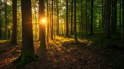 Golden Sunlight Piercing Through a Forest at Sunset. Nature, Tranquility, and Serenity.
