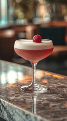 Fototapeta premium A photo of a Clover Club cocktail with a raspberry on a modern stone bar table and background in a high class city lounge. Vertical Layout.