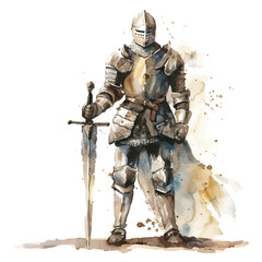 A watercolor painting of a knight in shining armor holding a sword, isolated on a white background. Knight in shining armor vector.