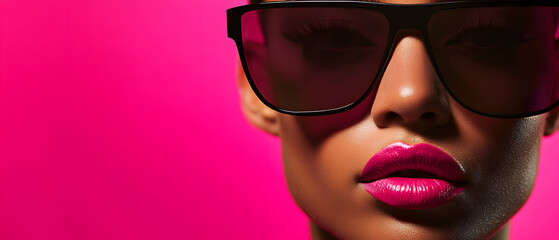 Closeup of a Womans Face Wearing Stylish Sunglasses Against a Vibrant Pink Background