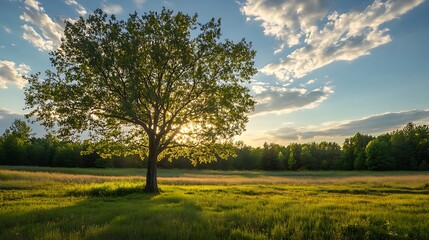 Fototapeta premium Majestic tree in a field at sunset. Concept of nature, tranquility, and serenity.