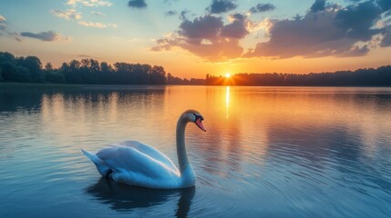 Fototapeta premium A lone white swan swims across a lake at sunset. The water is still and reflects the vibrant colors of the sky.