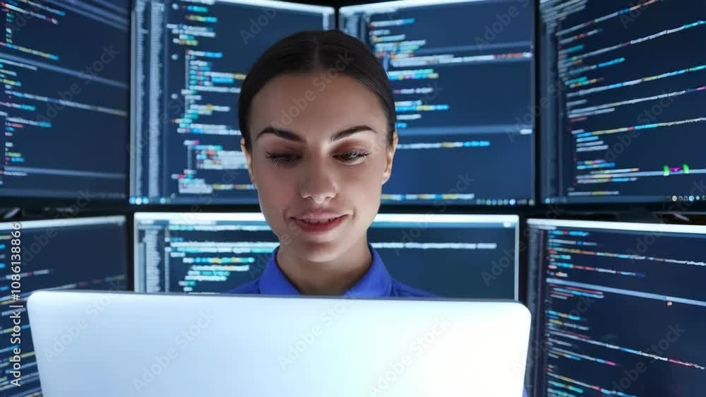 Poster a woman holding a tablet stands in front of multiple screens displaying code.