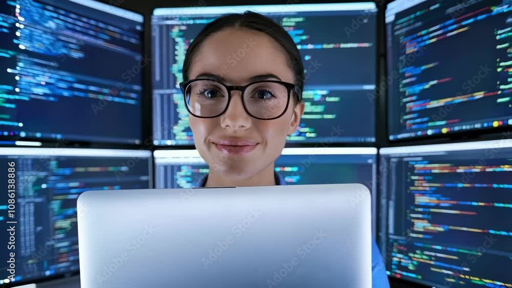 Poster a smiling woman with glasses working on a laptop in front of multiple screens displaying code.
