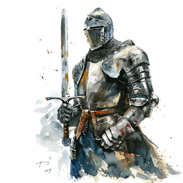 recommend clip art: A watercolor drawing of a knight in shining armor holding a sword, isolated on a white background. Knight in shining armor vector.