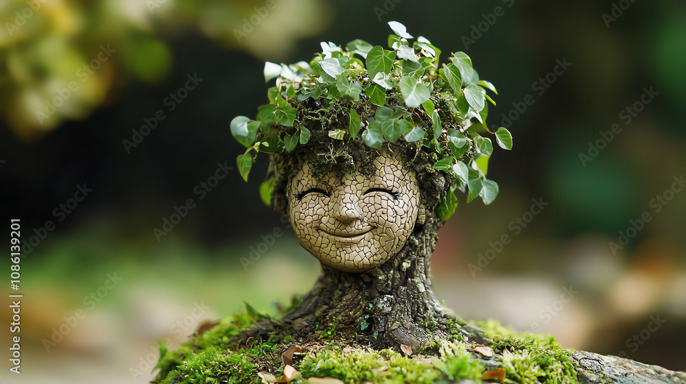 Poster a quirky small tree with a carved sassy face and lush greenery, illuminated by gentle sunlight in a 