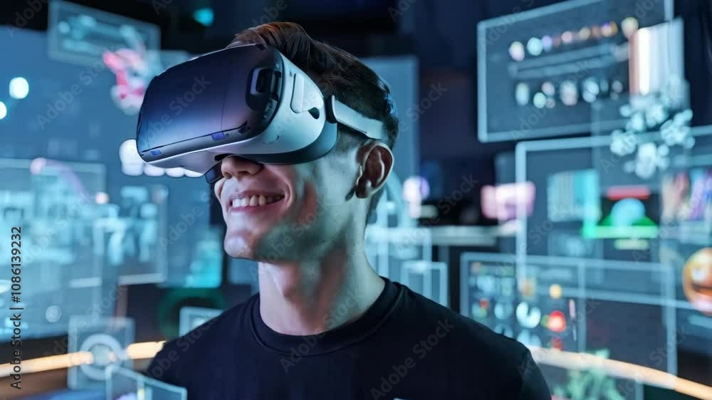 Poster a person wearing a vr headset, immersed in a digital interface with data visuals.