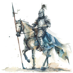 A watercolor painting of a knight with a lance on a horse, isolated on a white background. Knight with a lance on horse vector.