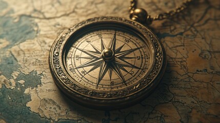 Fototapeta premium Close-up of a vintage compass with intricate details, placed on a textured map background, symbolizing adventure and direction --ar 16:9