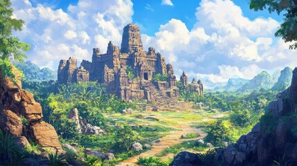 Full view of an ancient Khmer stone castle in Cambodia, surrounded by lush greenery and rolling hills under a vibrant blue sky