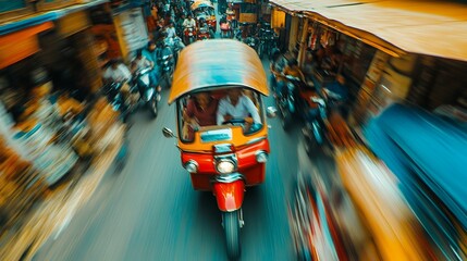 A colorful tuk tuk navigates through a busy market street, capturing the vibrant hustle and bustle of city life