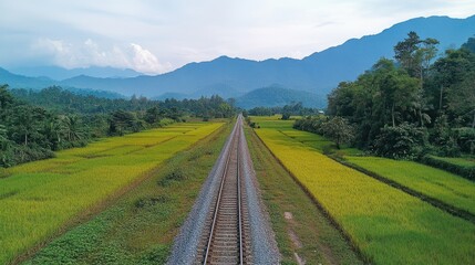Scenic railway track stretching through lush green fields and distant mountains, with clear skies and natural beauty framing the path
