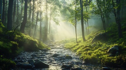 Obraz premium Sunbeams in Misty Forest Stream