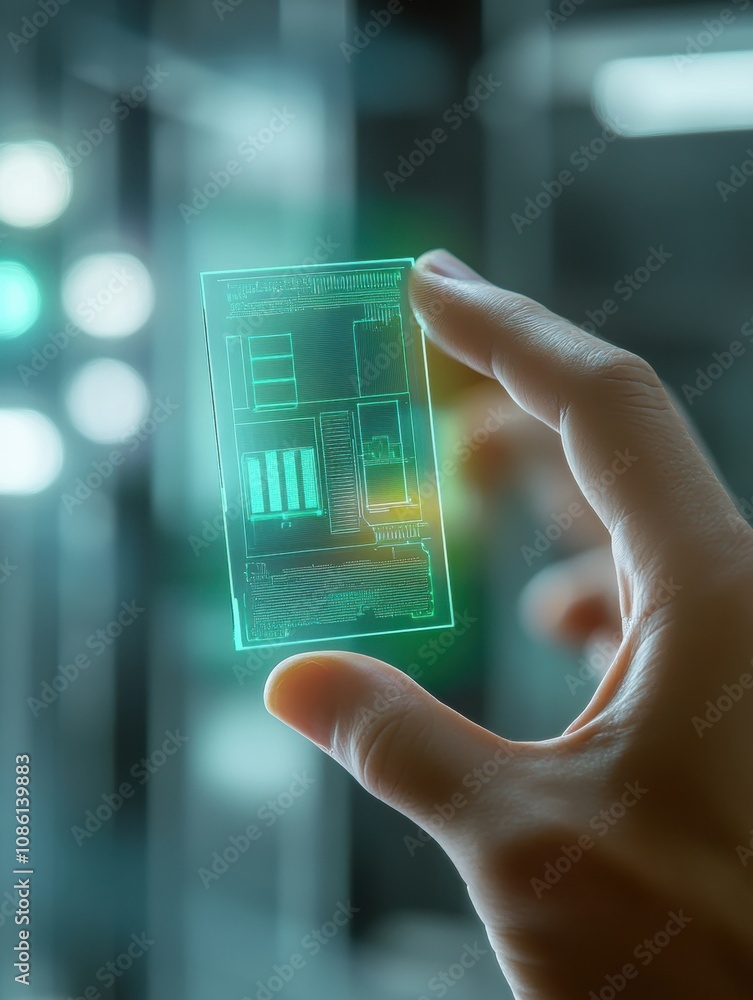 Fototapete A hand grasping a micro biochip projects holographic health metrics in a futuristic tech space, illustrating advanced health monitoring. Generative AI