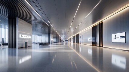 Fototapeta premium Spacious and serene airport entryway, showcasing sleek design, clear signage, and polished floors, conveying a sense of calm and order