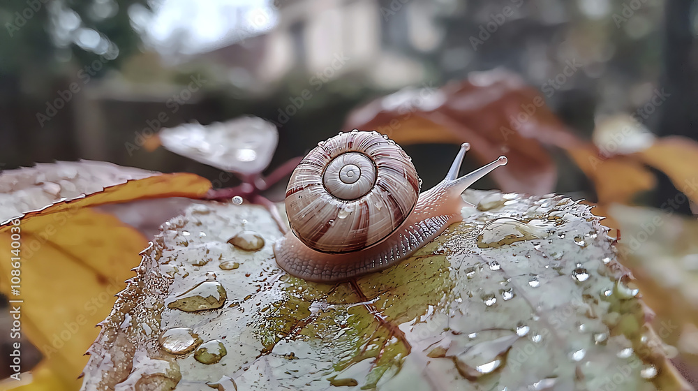 Poster a delicate snail shell resting on a wet leaf adorned with tiny droplets after a morning rain