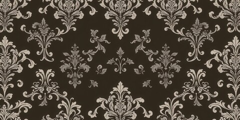 Seamless gothic damask wallpaper with intricate floral and vine motifs in dark colors, elegant, wallpaper