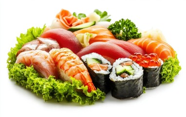 Fresh variety of sushi and sashimi served on a bed of lettuce at a local restaurant during dinner hours