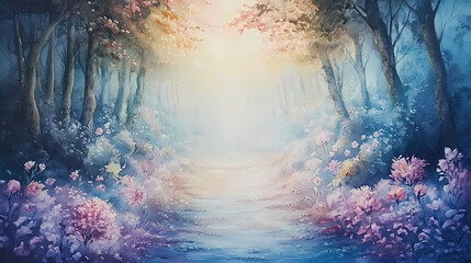 Magical forest path, glowing flowers and mist, leading to a hidden realm, watercolor style. Mystical Forest Glow. Illustration