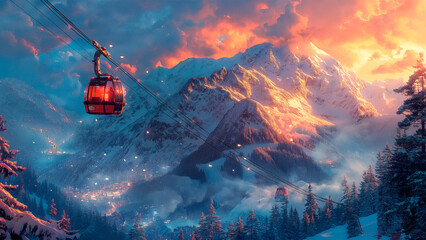 Snowy mountain landscape illustration. Red cable cars gliding above a winter forest, serene wallpaper backdrop