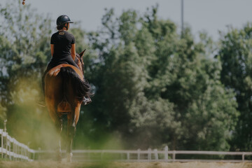 A horseback rider is captured from behind on a horse, riding in an outdoor arena surrounded by lush...